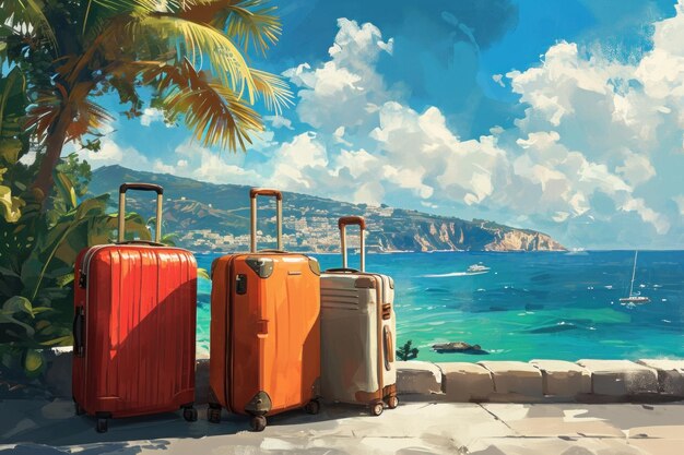 3つの近代的な高品質のスーツケースが美しい休暇の背景で舞台の中心を占めています