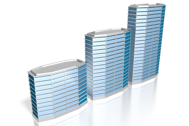 Three modern office buildings on white background 3D illustration