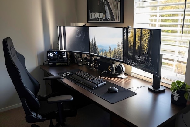 Photo three monitor desk setup