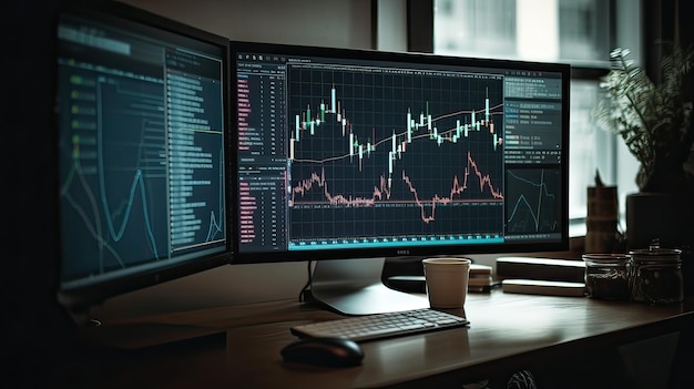 Three monitors on a desk with a monitor showing a chart of stock market.