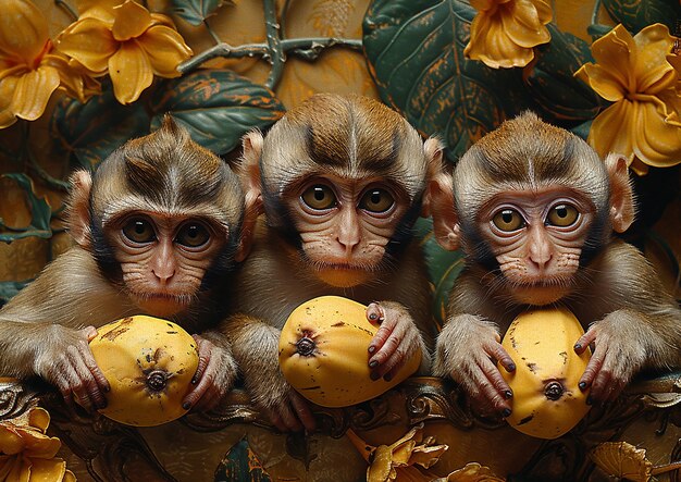 three monkeys are holding apples and one has the word  on it