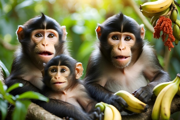 Photo three monkeys are sitting in a tree one of the three are wearing a banana