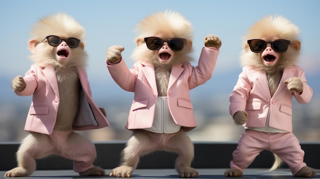 Фото Три обезьяны в розовых костюмах и солнцезащитных очках танцуют.