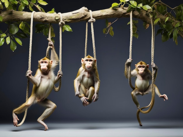 three monkeys hanging on a tree branch with a rope and a branch