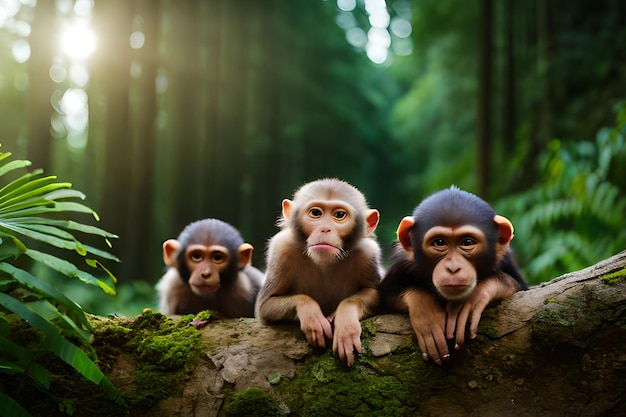 Three monkeys on a log in a forest