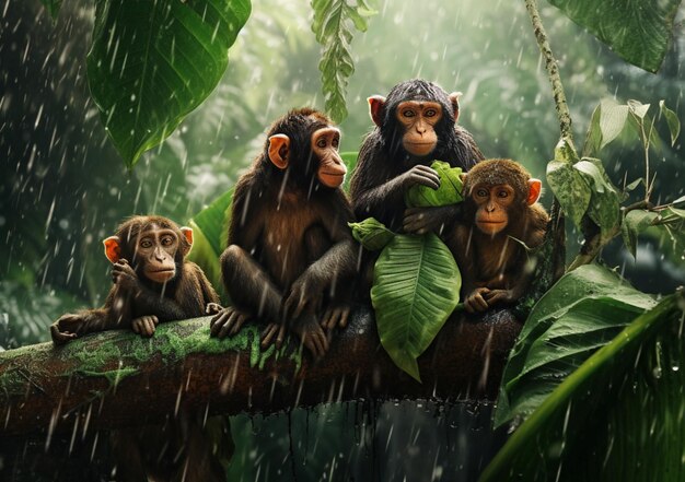 Three monkeys sitting on a branch in the rain generative ai