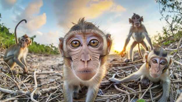 Three monkeys standing on a beach with the sun setting in the background