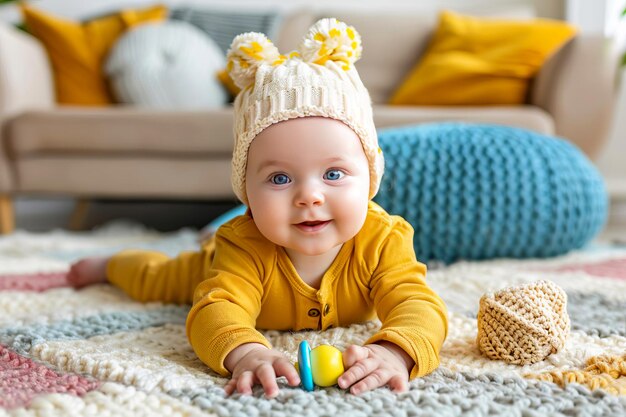 A three month old baby lies on his tummy with rattles AI generated