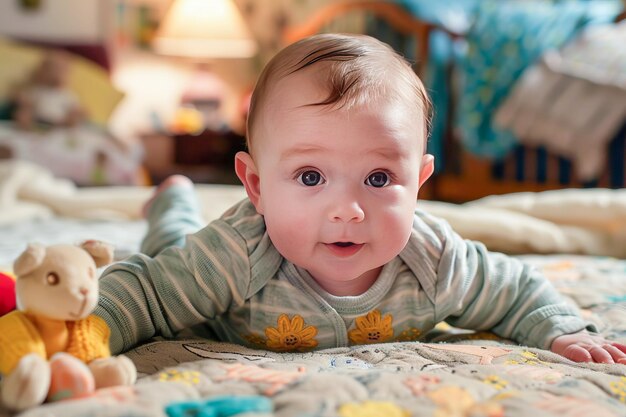 Foto un bambino di tre mesi giace sulla pancia con un sonnellino generato dall'ai