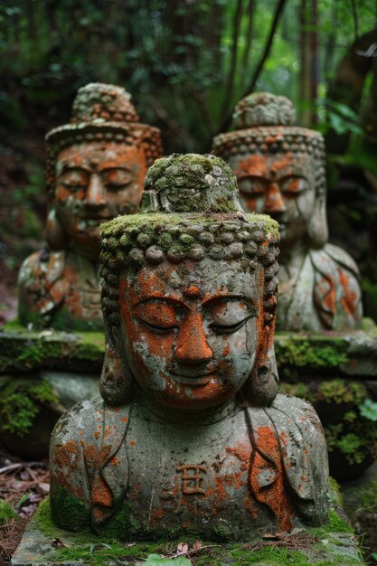 Photo three mosscovered stone statues of buddha in a forest