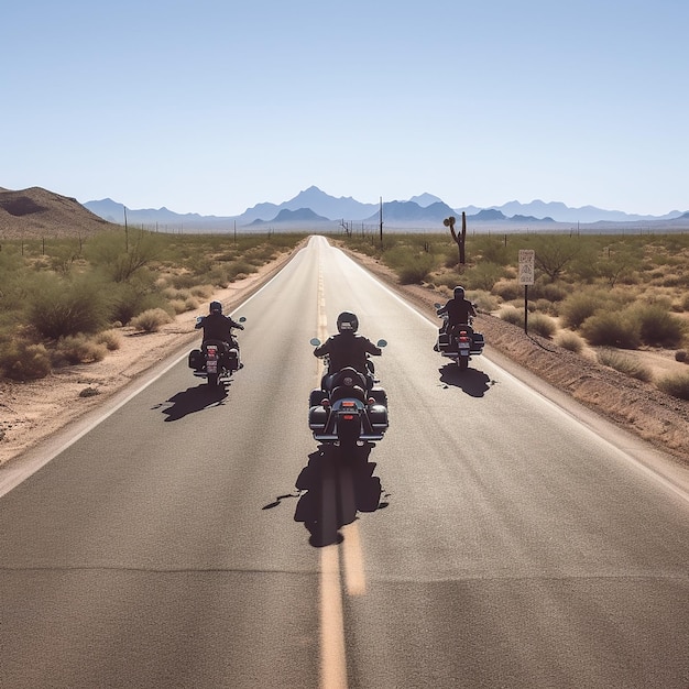 Photo three motorcycles are driving down a road with mountains in the background