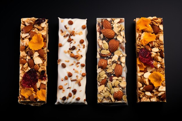 Photo three muesli bars on gray surface