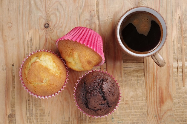 Three muffins and coffee