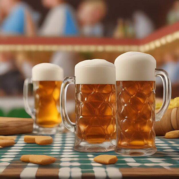 Photo three mugs of beer with the words  beer  on the table