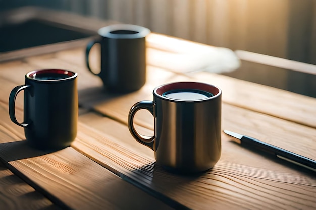 three mugs on a table with the sun shining through them.