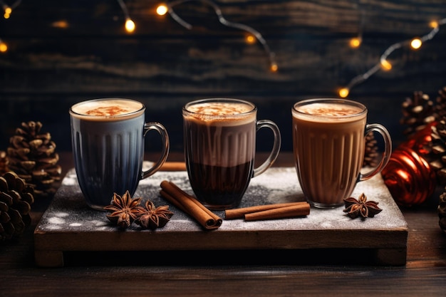 Three mugs with hot cocoa on a winters day