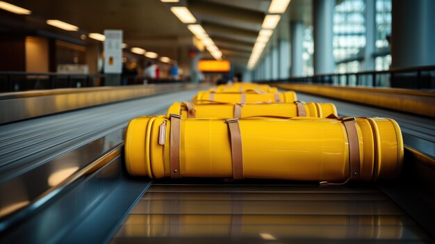 Three multi colored suitcases on a luggage conveyor at an airport