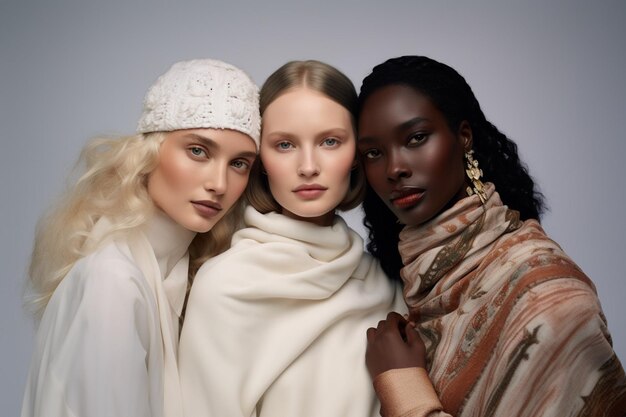 사진 세 명의 다민족 모델이 아름다운 옷을 입고 있습니다.