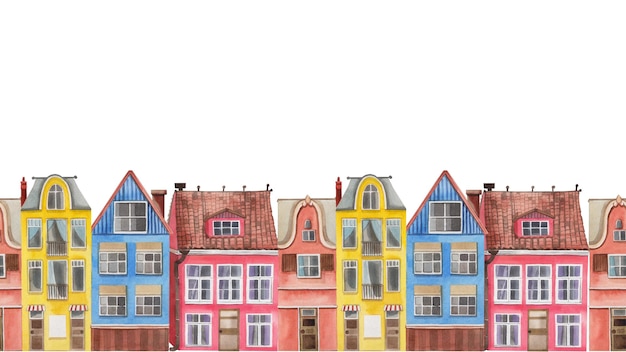 three multistorey old houses seamless watercolor border all objects are handpainted with watercolor