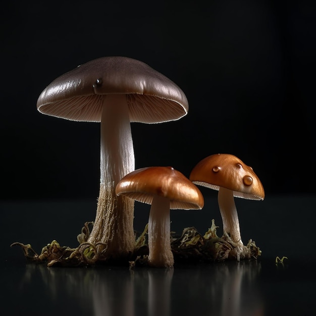 Three mushrooms are on a black surface with a black background.