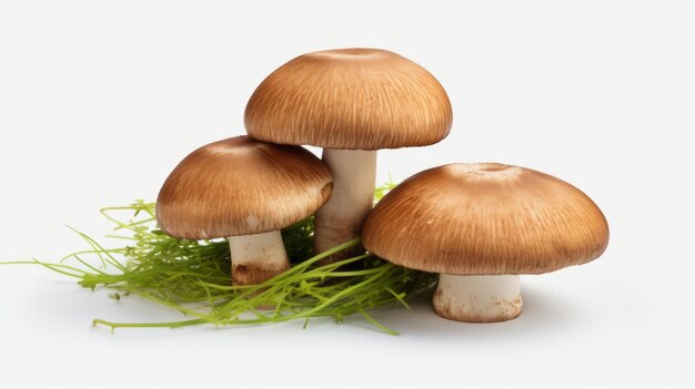 Three mushrooms perched on a lush green plant