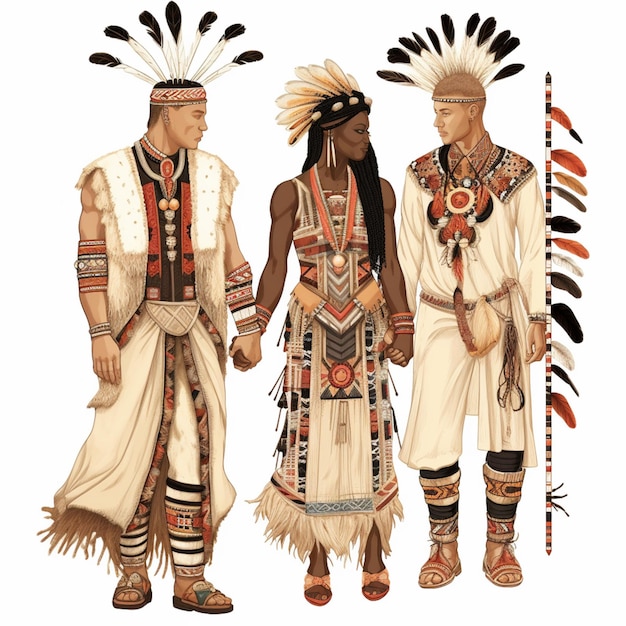 three native american men in traditional clothing standing next to each other generative ai