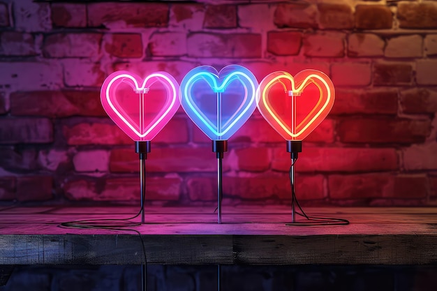 Three neon hearts of green yellow and pink colors on the background of a dark rough wall Valentines Day anniversaries weddings or any other expression of love and affection