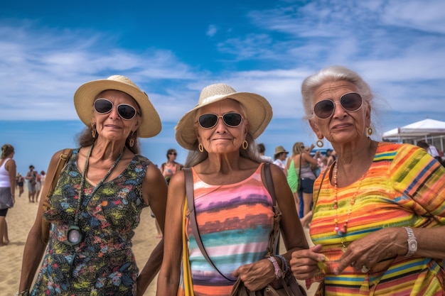 Three older women stand on a beach wearing hats and sunglasses.