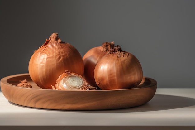 Three onions on a wooden tray with a dark background.