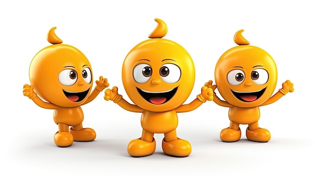 Three orange cartoon characters with arms up and arms raised in the air.