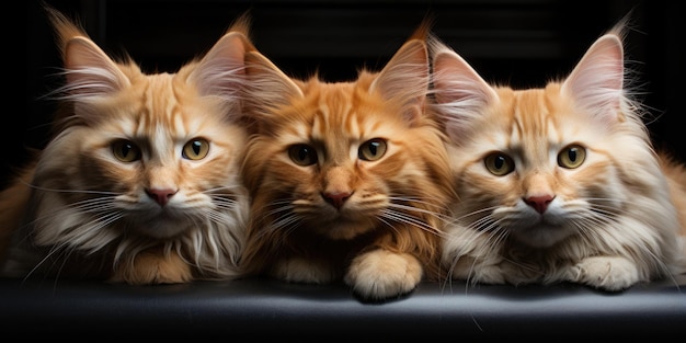 Three orange cats sitting on top of a table Generative AI