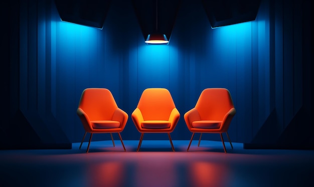 Three orange chairs in a dark blue room with a spotlight