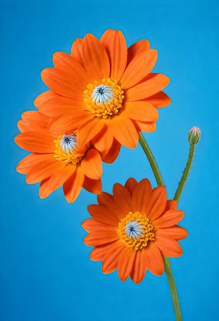 three orange gerbera daisy flowers against a blue background