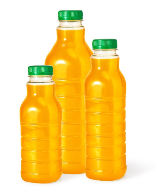 写真 白い背景で隔離の3つのオレンジジュースボトル