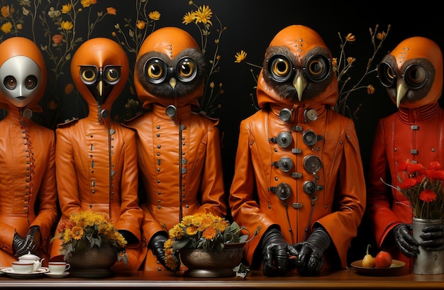 Three orange leather figures of people wearing gas masks and holding flowers generative ai