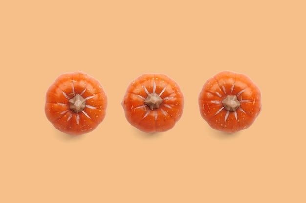 Three orange pumpkins on pastel color background Halloween pumpkin background Autumn concept