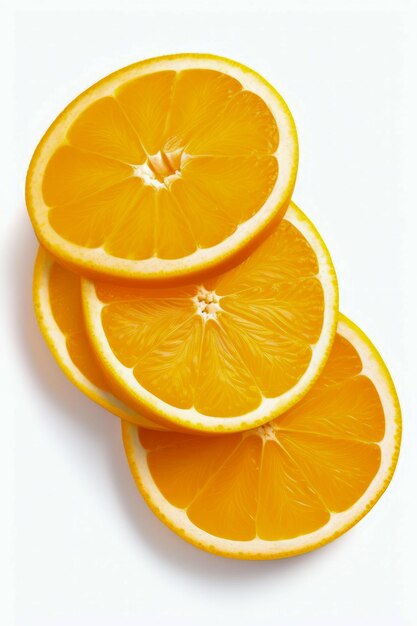 Three orange slices are shown stacked on top of each other on white surface Generative AI