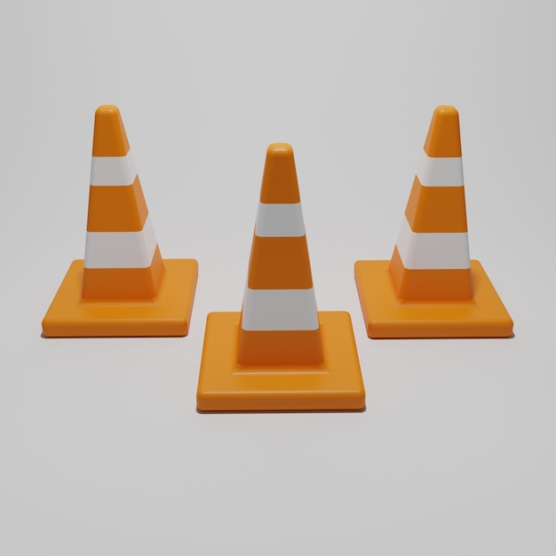 Photo three orange traffic cones with white stripes are on a gray background.