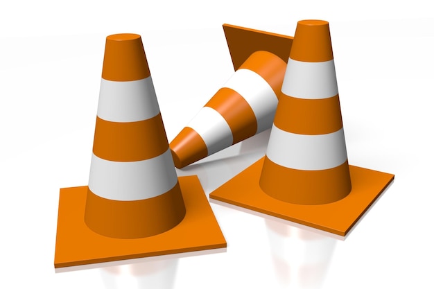 Three orange and white traffic cones on white background 3D illustration