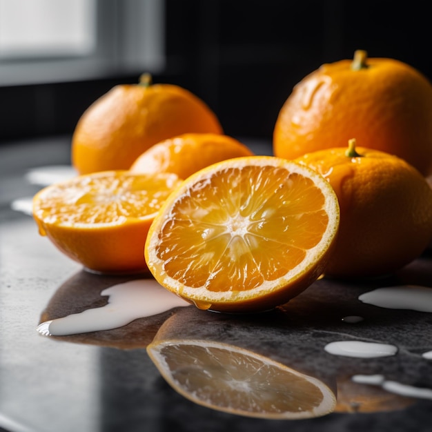На прилавке лежат три апельсина, один разрезан пополам.