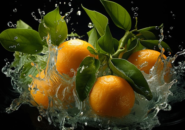 Three oranges are splashing into the water