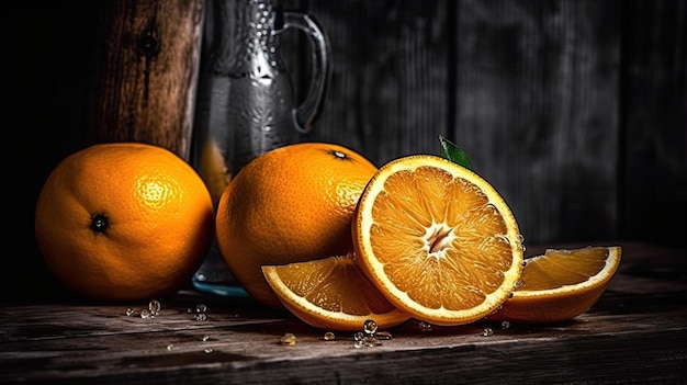 Three oranges are on a table with a pitcher and a glass pitcher.