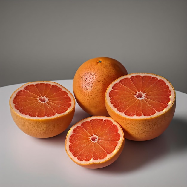 Three oranges are on a white table with one being cut in half.