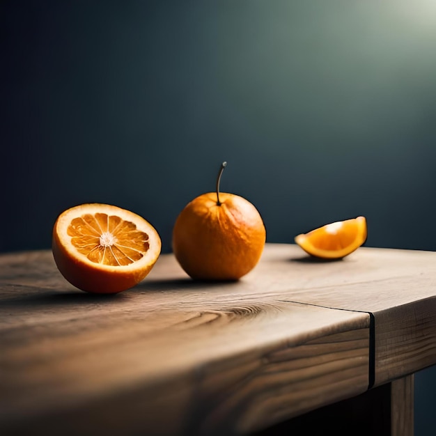 three oranges, one with one being cut in half, one of which is orange.