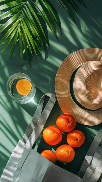 Photo three oranges and a straw hat on a table