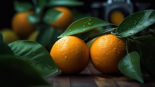 Three oranges on a table with leaves and a camera