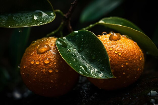 Three oranges with green leaves on a tree