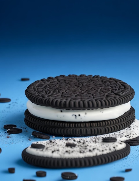 Photo three oreo cookies are stacked on a blue surface.