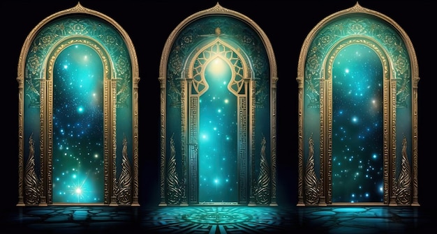 写真 3 つの華やかなドアと輝く星と暗い魔法の壁のある暗い暗いシーン