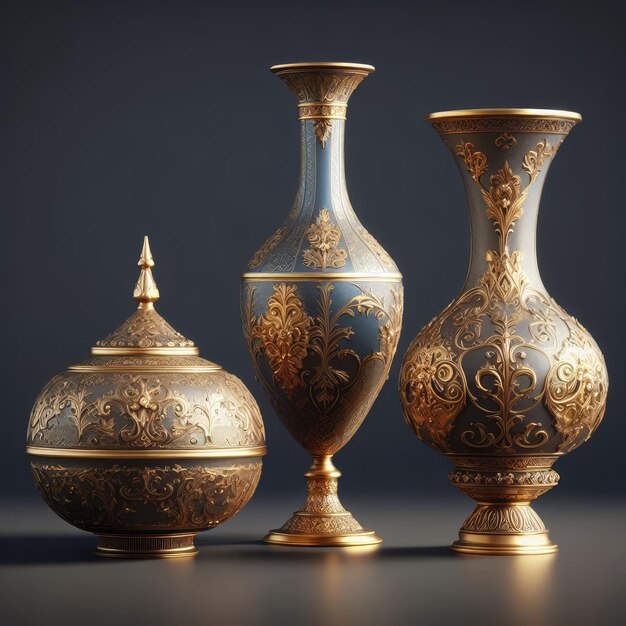 Photo three ornate vases on a grey background the vase on the left is a round goldcolored vase